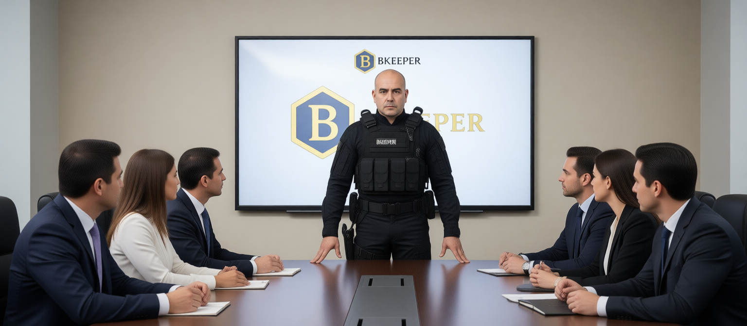 Oficial de seguridad capacitando a ejecutivos en sala de reuniones